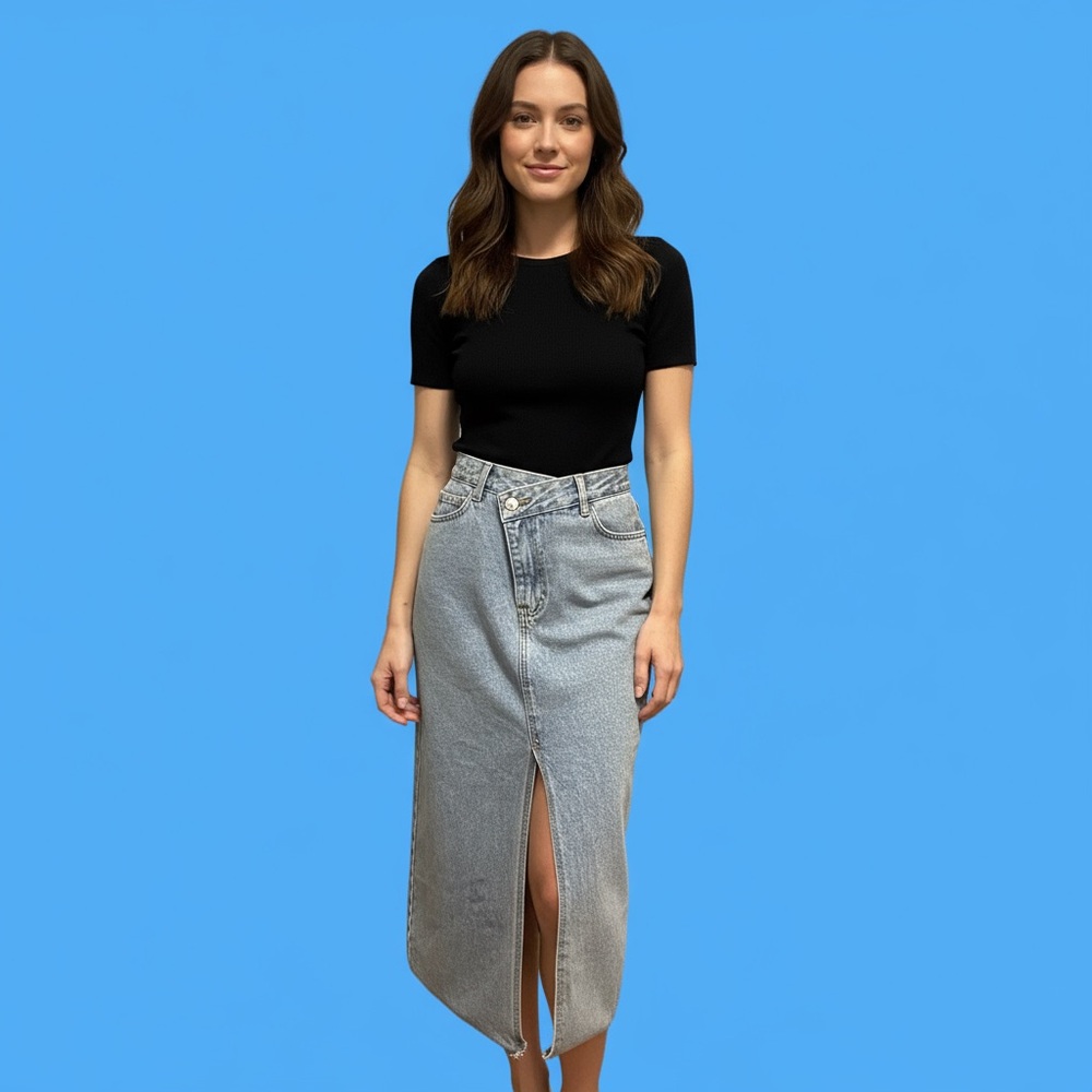 Stylish Denim Maxi Skirt with Asymmetrical waist and zipper